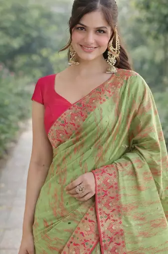 Pista soft silk banarasi jacuard work designer party wear saree with unstitched blouse piece