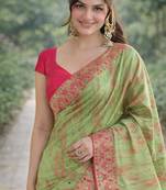 Pista silk blend banarasi saree with unstitched blouse piece