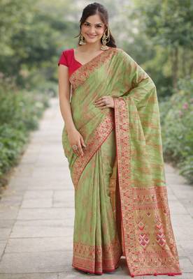 Pista silk blend banarasi saree with unstitched blouse piece 3