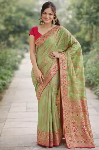Pista silk blend banarasi saree with unstitched blouse piece