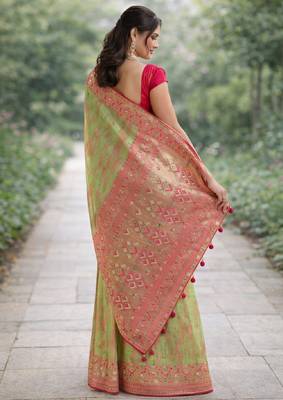 Pista silk blend banarasi saree with unstitched blouse piece 4