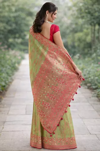 Pista silk blend banarasi saree with unstitched blouse piece