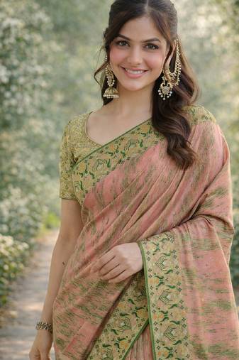 Pink soft silk blend banarasi jacuard work designer party wear saree with unstitched blouse piece