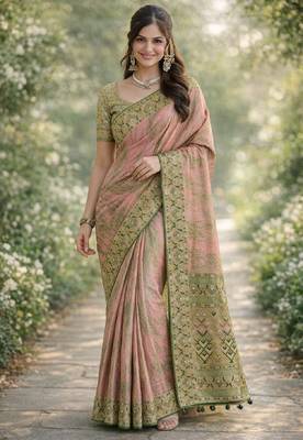 Pink silk blend banarasi saree with unstitched blouse piece 3