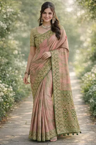 Pink silk blend banarasi saree with unstitched blouse piece