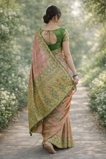 Pink silk blend banarasi saree with unstitched blouse piece