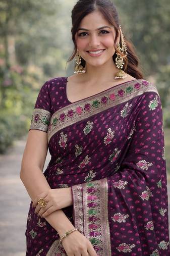 Wine soft silk banarasi jacuard work designer party wear saree with unstitched blouse piece