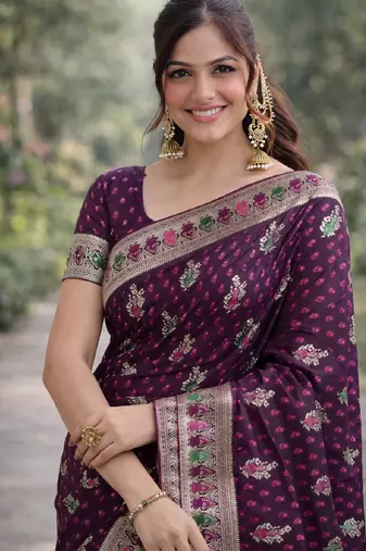 Wine soft silk banarasi jacuard work designer party wear saree with unstitched blouse piece