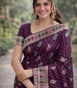 Wine silk blend banarasi saree with unstitched blouse piece