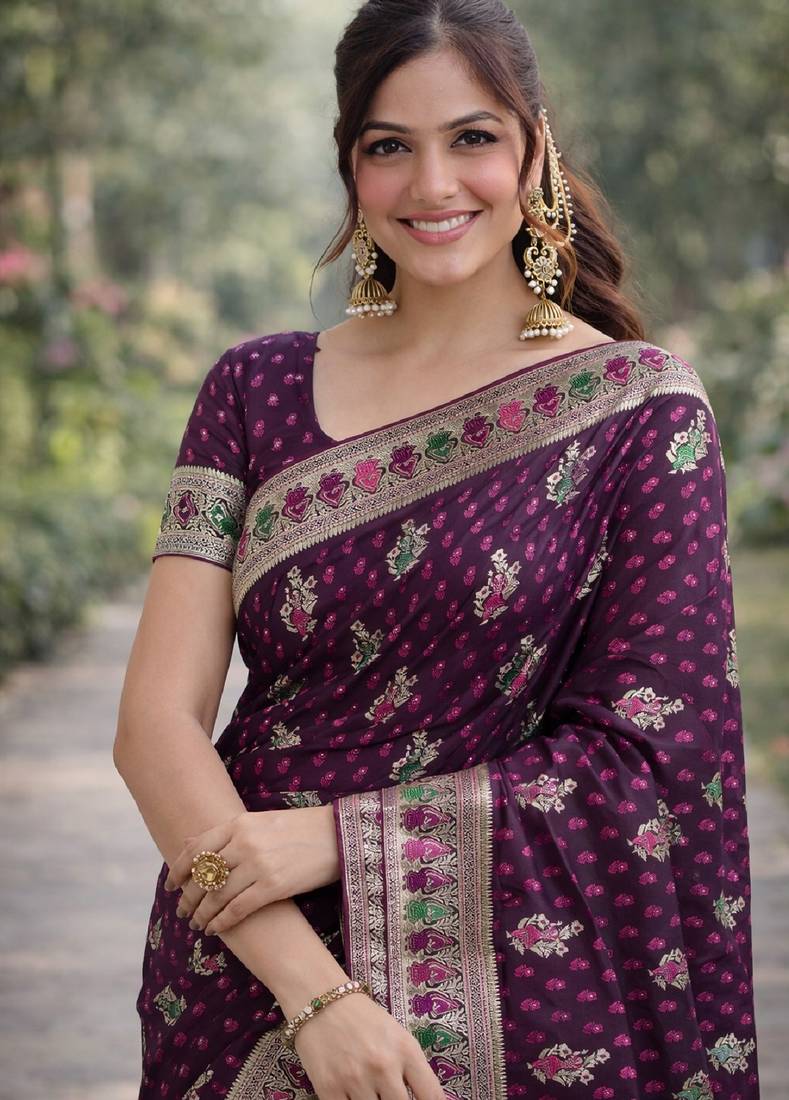 Wine soft silk banarasi jacuard work designer party wear saree with unstitched blouse piece