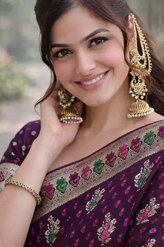 Wine silk blend banarasi saree with unstitched blouse piece