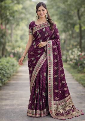 Wine silk blend banarasi saree with unstitched blouse piece 3