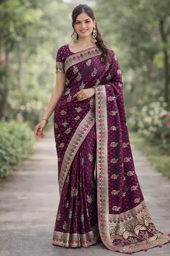 Wine silk blend banarasi saree with unstitched blouse piece