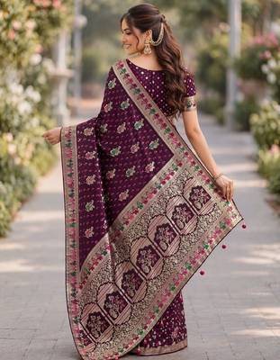Wine silk blend banarasi saree with unstitched blouse piece 4