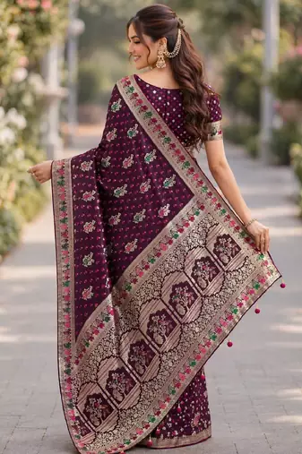 Wine silk blend banarasi saree with unstitched blouse piece
