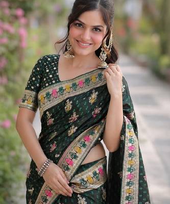 Green silk blend banarasi saree with unstitched blouse piece 1