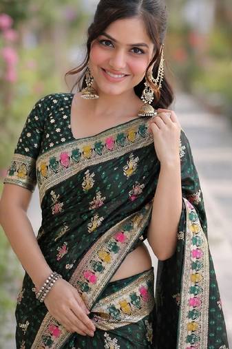 Green soft silk banarasi jacuard work designer party wear saree with unstitched blouse piece