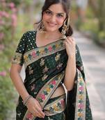Green silk blend banarasi saree with unstitched blouse piece