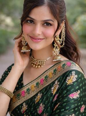 Green silk blend banarasi saree with unstitched blouse piece 2