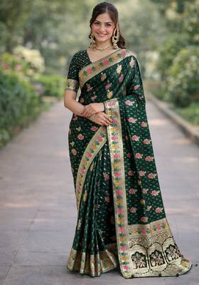 Green silk blend banarasi saree with unstitched blouse piece 3