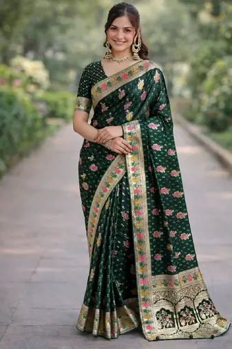 Green silk blend banarasi saree with unstitched blouse piece