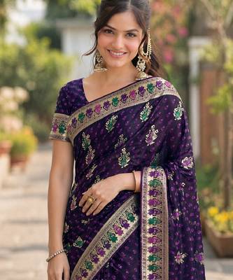 Plum silk blend banarasi saree with unstitched blouse piece 1