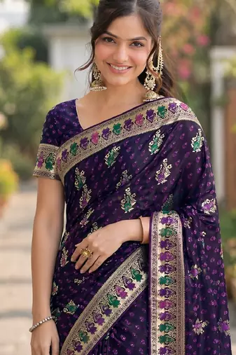 Plum soft silk banarasi jacuard work designer party wear saree with unstitched blouse piece
