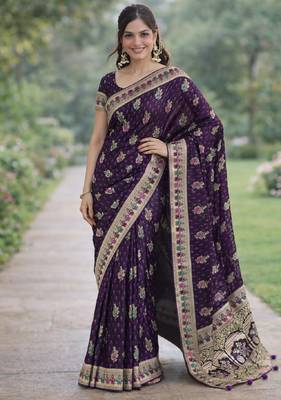 Plum silk blend banarasi saree with unstitched blouse piece 3