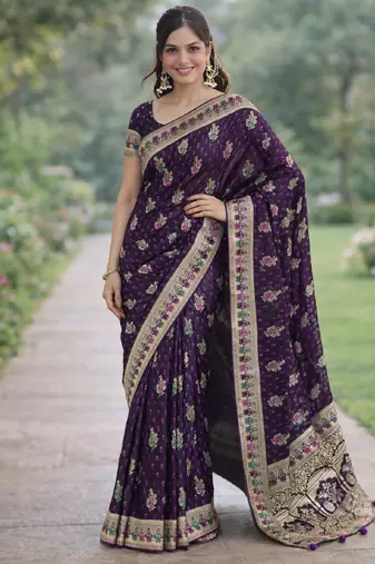 Plum silk blend banarasi saree with unstitched blouse piece
