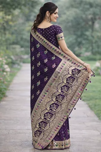 Plum silk blend banarasi saree with unstitched blouse piece