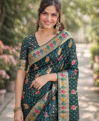 Rama silk blend banarasi saree with unstitched blouse piece 1