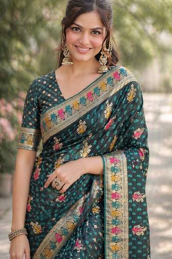 Rama soft silk blend banarasi jacuard work designer party wear saree with unstitched blouse piece