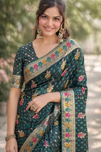 Rama soft silk banarasi jacuard work designer party wear saree with unstitched blouse piece
