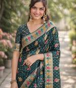 Rama silk blend banarasi saree with unstitched blouse piece