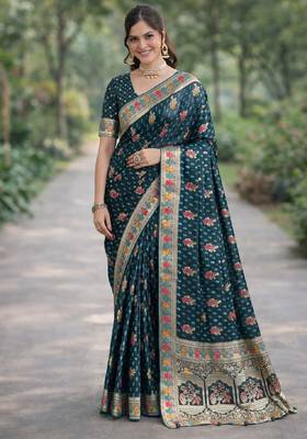 Rama silk blend banarasi saree with unstitched blouse piece 3