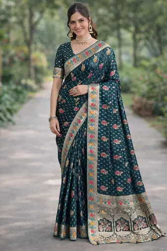 Rama silk blend banarasi saree with unstitched blouse piece