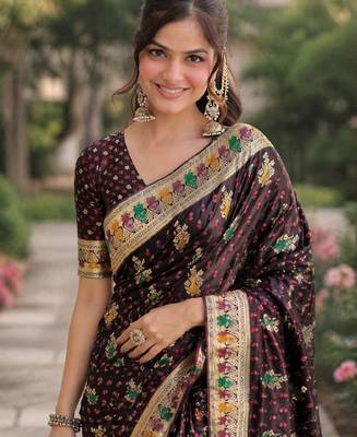 Maroon silk blend banarasi saree with unstitched blouse piece 1