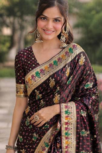Maroon soft silk blend banarasi jacuard work designer party wear saree with unstitched blouse piece