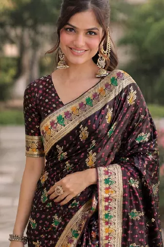 Maroon soft silk banarasi jacuard work designer party wear saree with unstitched blouse piece