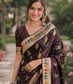 Maroon silk blend banarasi saree with unstitched blouse piece