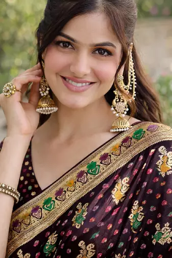 Maroon silk blend banarasi saree with unstitched blouse piece