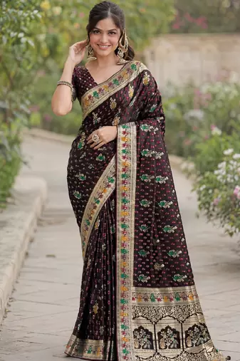 Maroon silk blend banarasi saree with unstitched blouse piece