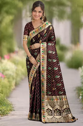 Maroon silk blend banarasi saree with unstitched blouse piece