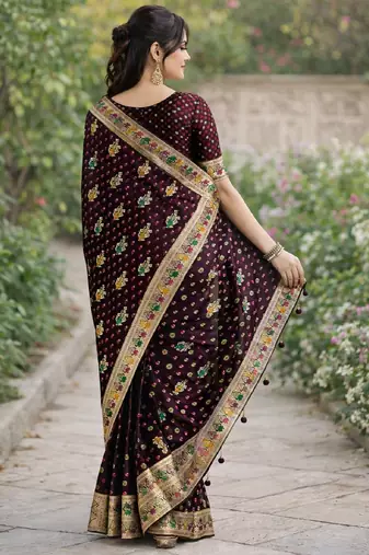 Maroon silk blend banarasi saree with unstitched blouse piece
