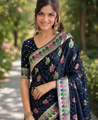 Blue silk blend banarasi saree with unstitched blouse piece 1