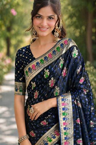 Blue soft silk banarasi jacuard work designer party wear saree with unstitched blouse piece