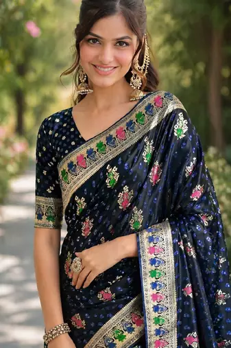 Blue soft silk banarasi jacuard work designer party wear saree with unstitched blouse piece