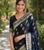 Blue silk blend banarasi saree with unstitched blouse piece