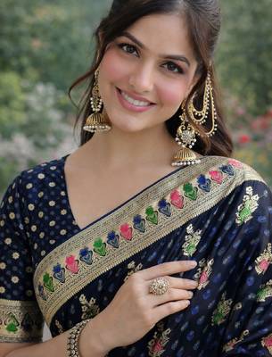 Blue silk blend banarasi saree with unstitched blouse piece 2