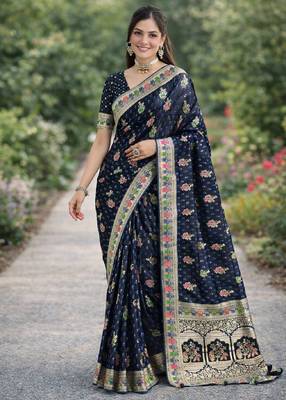 Blue silk blend banarasi saree with unstitched blouse piece 3